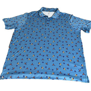 C Golf Shirt Mens Blue Tropical Parrots & Palm Trees Novelty Stretch Size Large